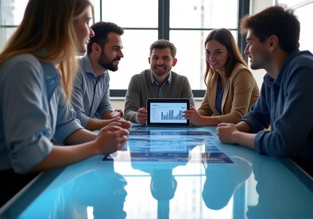 Business strategy meeting with data analysis charts